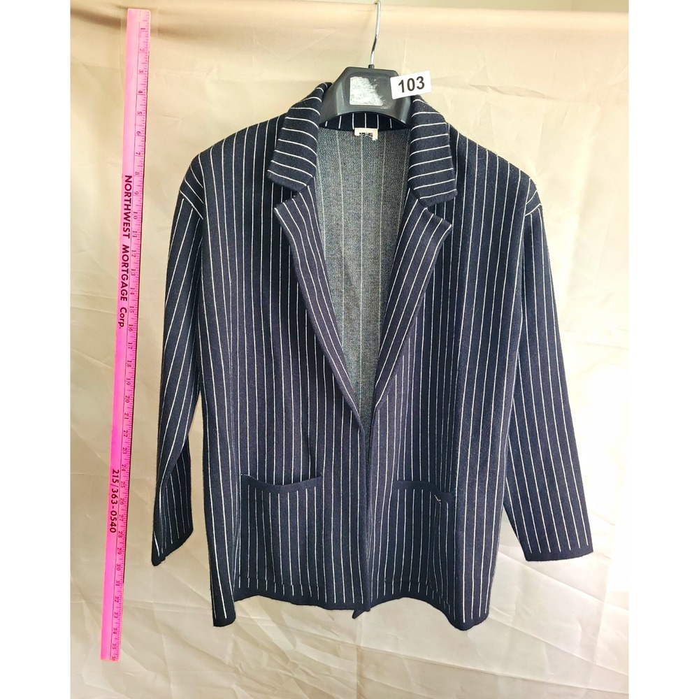Anne Klein Black/White Pinstripe Knit Blazer 14 One-Button Notch Lapel